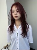 少しシャギーな質感のハッシュカットとカシスレッド　英心