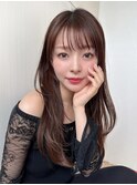 面長シースルーぱっつん前髪小顔レイヤーグレージュ20代30代