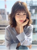 小顔セミウェットウェーブピンクベージュハイライトカラー
