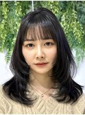 美髪カールブルーブラック韓国レイヤーロングセミディ顔周り前髪