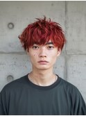 メンズ赤/韓国マッシュ/ダークアッシュ/ゆるスパ/ベリーショート