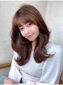 ミニウルフ前髪パーマ韓国くびれミディアムチェリーブラウン