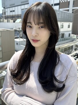 シェノン 夙川(CHAINON) 大人前髪顔周りレイヤーロング/黒髪グレーベージュ/20代30代40代