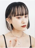 ボブ前髪ありバングカラーインナーカラーベージュ黒髪30代40代