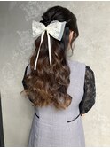 【リボンハーフアップヘアアレンジ】ヘアセットシニヨンカチモリ