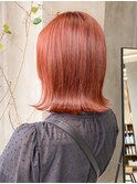 オレンジレッド暖色艶イルミナカラーボブぱっつん切りっぱなし