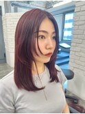 レイヤーカット/フェイスレイヤー/暖色カラー/チェリーレッド