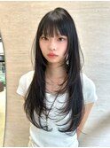 小顔ロングレイヤーカットハイレイヤーワンカール前髪ぱっつん