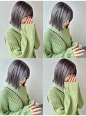［20代30代小顔切りっぱなし大人ボブ透明感オリーブカラー