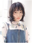 くせ毛風/黒髪/ミディアムレイヤー/ハッシュボブ/センター南
