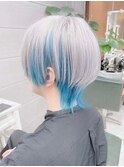 ウルフカット/インナーカラーブルーカラー/ホワイトアッシュ