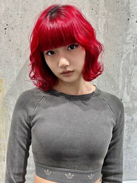 オルズ 渋谷(ALLZ) チェリーレッド重めバングミディアムボブ/ブリーチ/ハイトーン