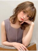 ミニウルフ前髪パーマ韓国くびれミディアムチェリーブラウン