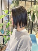 オリーブグレー/前髪/ボブ/マロンベージュ/レイヤーカット/小顔