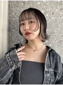 インナーカラーボブミルクティーベージュ黒髪イヤリングカラー