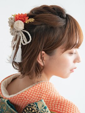 ショートボブやボブの成人式・前撮りの編み込み振袖ヘアアレンジ