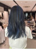 コントラストハイライトブルーブラック髪質改善トリートメント