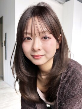 グレージュロング前髪カット韓国ヘア顔周りレイヤー小顔_F1129