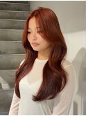 レイヤーカット韓国ヘアダブルカラーオレンジベージュ暖色