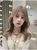 顔まわり姫カットレイヤー×ナチュラルマロンベージュハイトーン