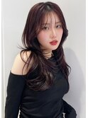 韓国暗めカラーチェリーレッド姫カットレイヤーダークアッシュ