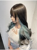 透明感/インナーカラー/ターコイズブルー/水色/外巻き/池袋