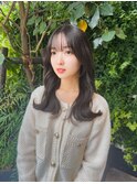 小顔薄めバンググレージュレイヤーロング前髪パーマ黒髪
