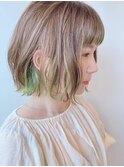 【morio原宿】ゆるふわボブ　インナーカラー黄緑
