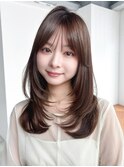 顔周りレイヤー前髪カット韓国ヘアロング_F1519
