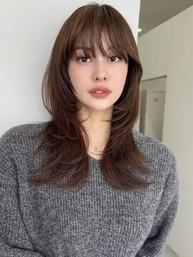 小顔/ウルフレイヤー/ミディアムレイヤーカット/ココアベージュ