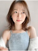 イメチェン前髪ピンクベージュミディアムレイヤーカットa