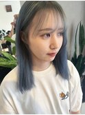 ミディアムシースルーバングブリーチ真夏のミントブルー
