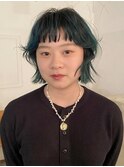 モスグリーンブリーチカラー恐竜カラー寒色カラーオン眉カット