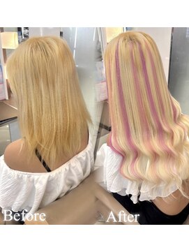 スタイル 横浜(STYLE) 南波　担当】before/after/ブロンド/ピンクハイライトエク８０本