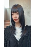 ★小顔薄めバンググレーベージュレイヤーロング前髪パーマ黒髪