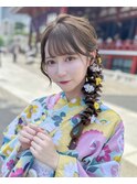 浴衣ヘア　花火大会　編み下ろし　ロング　大阪　へアメ　梅田