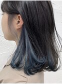 インナーカラーネイビーイヤリングカラーブルーくびれボブ原宿