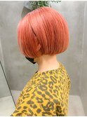 アプリコットオレンジ、オレンジピンク、ミニボブ、ブリーチ