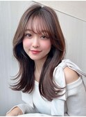 シャギーレイヤー韓国ワンホンヘアシースルーぱっつん前髪