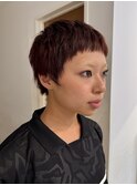 ベリーショート/ショートヘア/オン眉バング/ワインレッドカラー