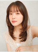 斜めバング薄めバングセミディダークパープルうるツヤモテ髪