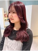 顔まわりレイヤー×シースルーバング×チェリーピンクカラー