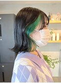 ブリーチインナーカラーグリーンカラー前髪カットトリートメント