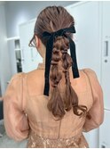 編みおろしツイン　お呼ばれ　リボンアレンジ　結婚式　20代30代