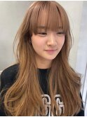 オレンジベージュ春色ハイトーン韓国レイヤーロング