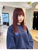セミディ/姫カット/暖色カラー/ワインレッド/ストレート