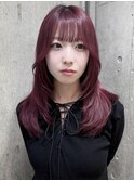 顔周りレイヤーくびれミディアムレイヤーカットワインレッド韓国