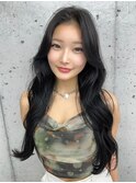 美髪カールブルーブラック韓国レイヤーロングセミディ顔周り前髪