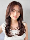 外ハネボブ艶感チェリーブラウン前髪くびれヘアイメチェン