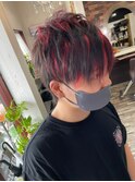 ハイライトビビッドレッドメンズマニッシュ韓国風モテショート